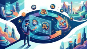 Современная иллюстрация с игровыми слотами и бонусными символами для руководства по гибридным фриспинам.